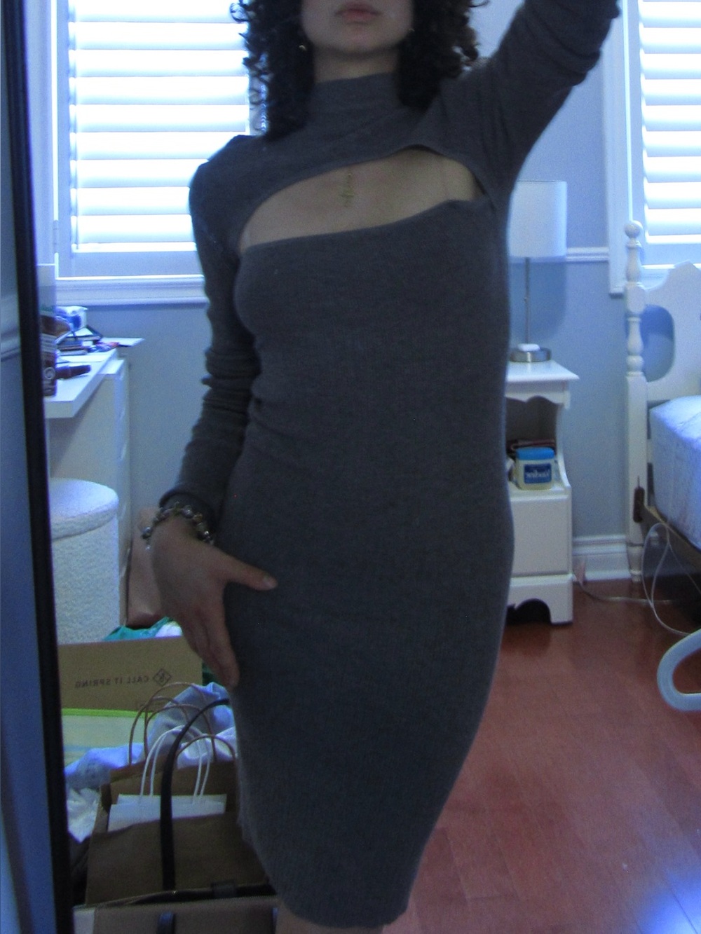 Y2K Grey Cutout Ribbed Knit Bodycon Dress